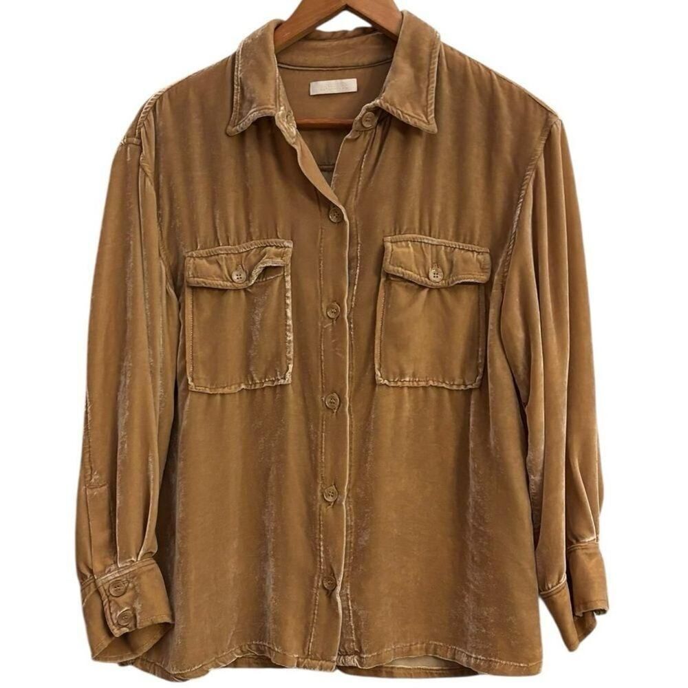 Sablyn Women's Velvet Silk Golden Brown Luxe Minimalist Button Down Shirt Small